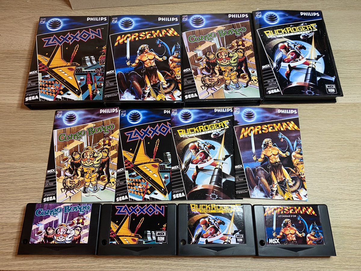 themsxlovers's tweet image. Hoy presentamos la colección (CASI) completa de la serie Blue Philips MSX a falta del Backgammon y el F16 Fighter en formato ROM .
1-Zaxxon
2-Norseman
3-Congo Bongo
4-Buck Rogers
Se acabaron los problemas de carga, solo insertar,encender y ... jugar !!!