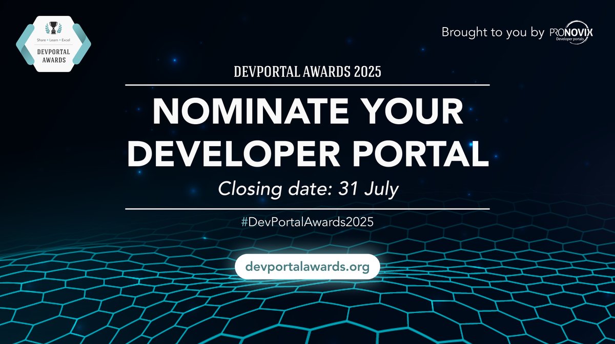 DevportalAwards's tweet image. 💡 Know a developer portal that deserves the spotlight? 

Whether it’s your team’s work or one you admire, nominate it for the 2025 #DevPortalAwards!

devportalawards.org/nomination-2025

#APIUX #APIs #developerportal #developerexperience #APIdocumentation