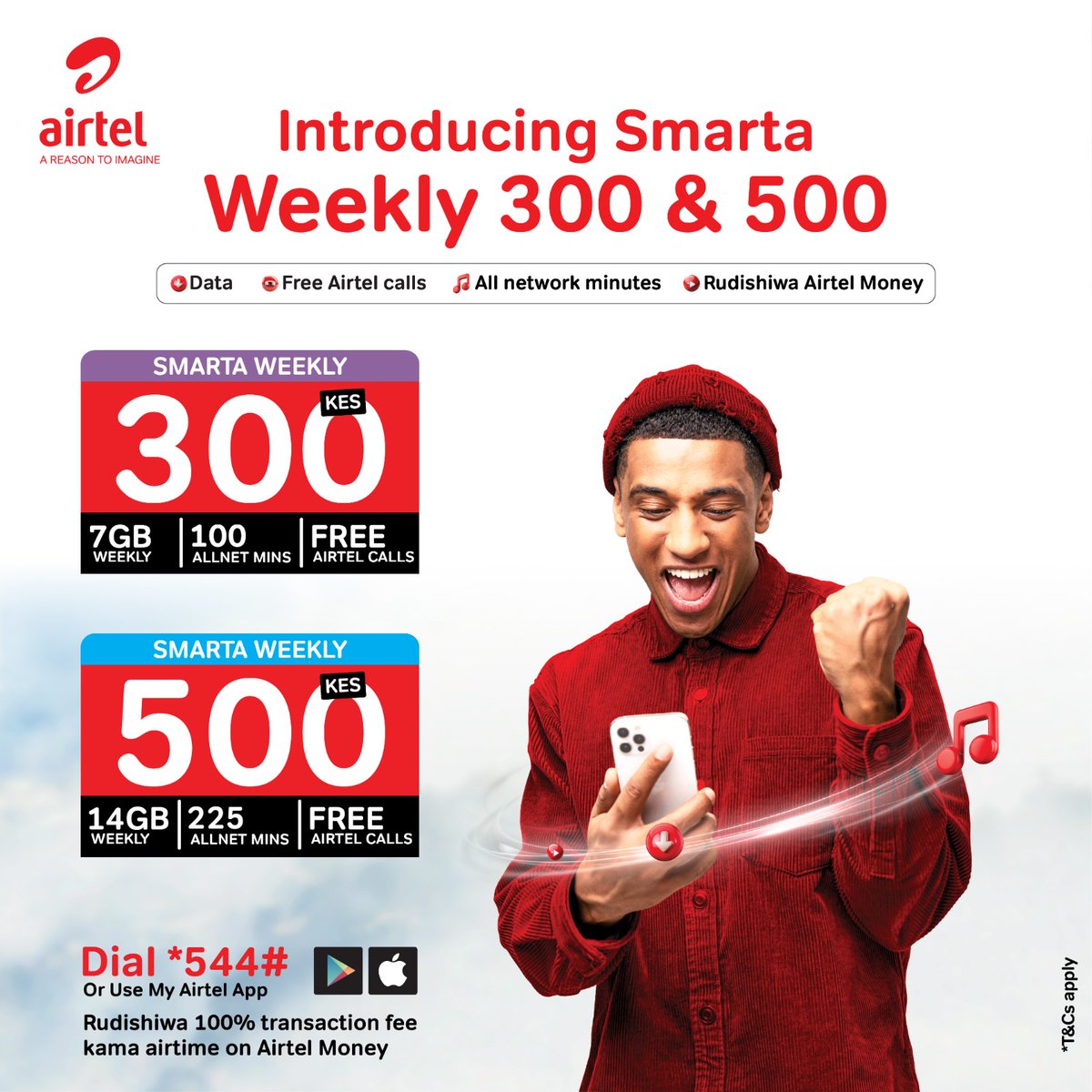 AIRTEL_KE's tweet image. Introducing the Smarta 300 & 500 Weekly Bundle!
Sasa unaeza bonga ukibrowse wiki mzima bila stress. Also, unaRUDISHIWA 100% transaction fees kama airtime on Airtel Money.
Dial *544# or Use My Airtel App bit.ly/2C8nPCy to subscribe.
T&Cs apply