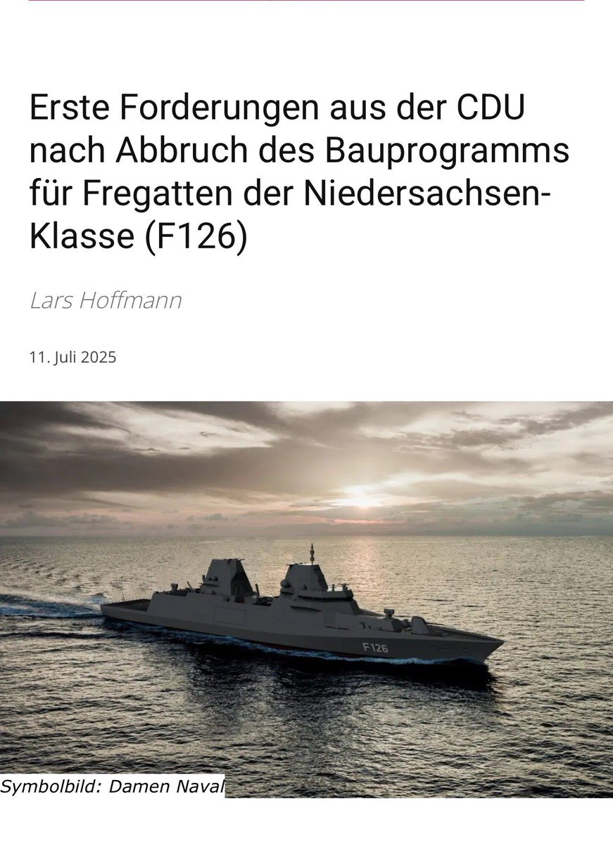 Arno Gottschalk (@arnogottschalk) on Twitter photo Die Probleme der Fregatte F126 – Es geht um mehr als nur ein Rüstungsprojekt
Die ersten Rufe nach einem Projektabbruch werden laut: Ein CDU-Verteidigungspolitiker fordert den Stopp des Fregattenbaus F126, und auch in der SPD wird inzwischen offen über Alternativen mit deutschen Die Probleme der Fregatte F126 – Es geht um mehr als nur ein Rüstungsprojekt
Die ersten Rufe nach einem Projektabbruch werden laut: Ein CDU-Verteidigungspolitiker fordert den Stopp des Fregattenbaus F126, und auch in der SPD wird inzwischen offen über Alternativen mit deutschen