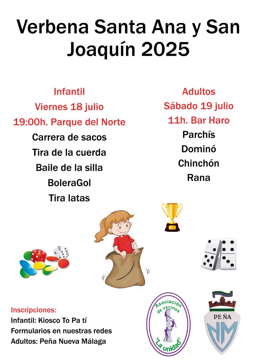 avlaunidad's tweet photo. Este fin de semana empiezan las actividades y juegos de la verbena de Santa Ana y San Joaquín 2025.

¡No te lo pierdas! Inscríbete. https://t.co/YPStG5Cd5k