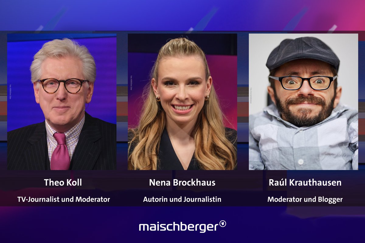 maischberger's tweet image. Es kommentieren heute Abend bei #maischberger der langjährige Leiter des ZDF-Hauptstadtstudios Theo #Koll, die Journalistin und Buchautorin Nena Brockhaus (@nenacasc) sowie der Moderator und Blogger Raúl #Krauthausen.
📺 Um 22:50 Uhr im Ersten