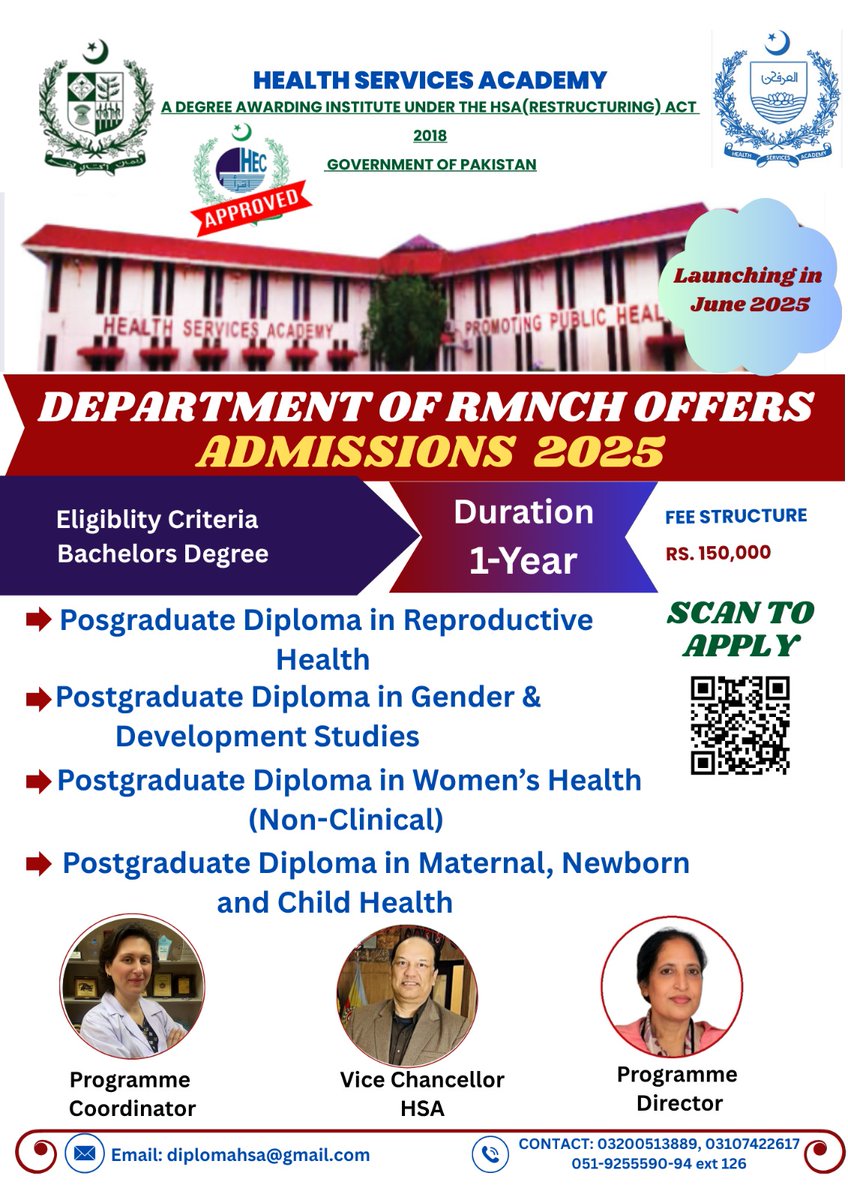 Health Services Academy-Official (@healthsacademy) on Twitter photo Join the Health Services Academy (Government of Pakistan) and advance your expertise with our 1-year postgraduate diplomas
๐ Contact Us:
๐งEmail: diplomahsa@gmail.com
๐ฑPhone: 0320-0513889, 0310-7422617, 051-9255590-94 (Ext. 126)
๐ Apply Now: hsa.edu.pk/direct-apply-fโฆ Join the Health Services Academy (Government of Pakistan) and advance your expertise with our 1-year postgraduate diplomas
๐ Contact Us:
๐งEmail: diplomahsa@gmail.com
๐ฑPhone: 0320-0513889, 0310-7422617, 051-9255590-94 (Ext. 126)
๐ Apply Now: hsa.edu.pk/direct-apply-fโฆ