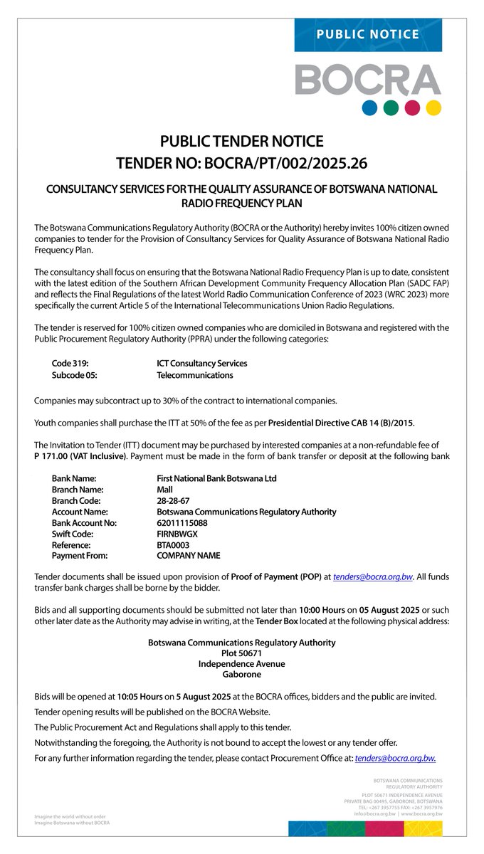 𝗣𝗨𝗕𝗟𝗜𝗖 𝗧𝗘𝗡𝗗𝗘𝗥 𝗡𝗢𝗧𝗜𝗖𝗘 

𝗖𝗢𝗡𝗦𝗨𝗟𝗧𝗔𝗡𝗖𝗬 𝗦𝗘𝗥𝗩𝗜𝗖𝗘𝗦 𝗙𝗢𝗥 𝗧𝗛𝗘 𝗤𝗨𝗔𝗟𝗜𝗧𝗬 𝗔𝗦𝗦𝗨𝗥𝗔𝗡𝗖𝗘 𝗢𝗙 𝗕𝗢𝗧𝗦𝗪𝗔𝗡𝗔 𝗡𝗔𝗧𝗜𝗢𝗡𝗔𝗟
𝗥𝗔𝗗𝗜𝗢 𝗙𝗥𝗘𝗤𝗨𝗘𝗡𝗖𝗬 𝗣𝗟𝗔𝗡 

#𝗕𝗢𝗖𝗥𝗔