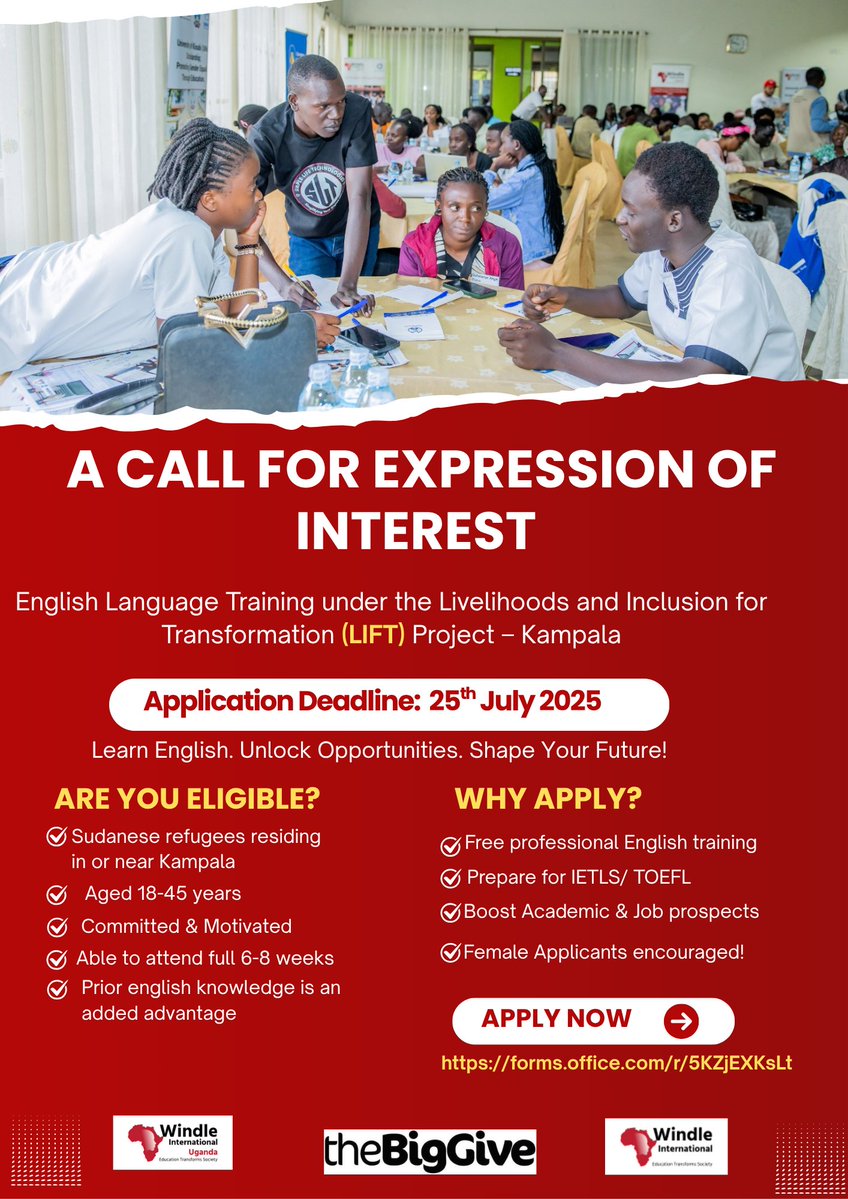 WindleUganda's tweet image. Still time to apply!
Are you a Sudanese refugee in Kampala? The LIFT Project is offering free English training to help you prepare for IELTS/TOEFL and access global education & jobs.
Deadline: 25 July
Females are highly encouraged!
Apply: forms.office.com/r/5KZjEXKsLt
#SudaneseYouth