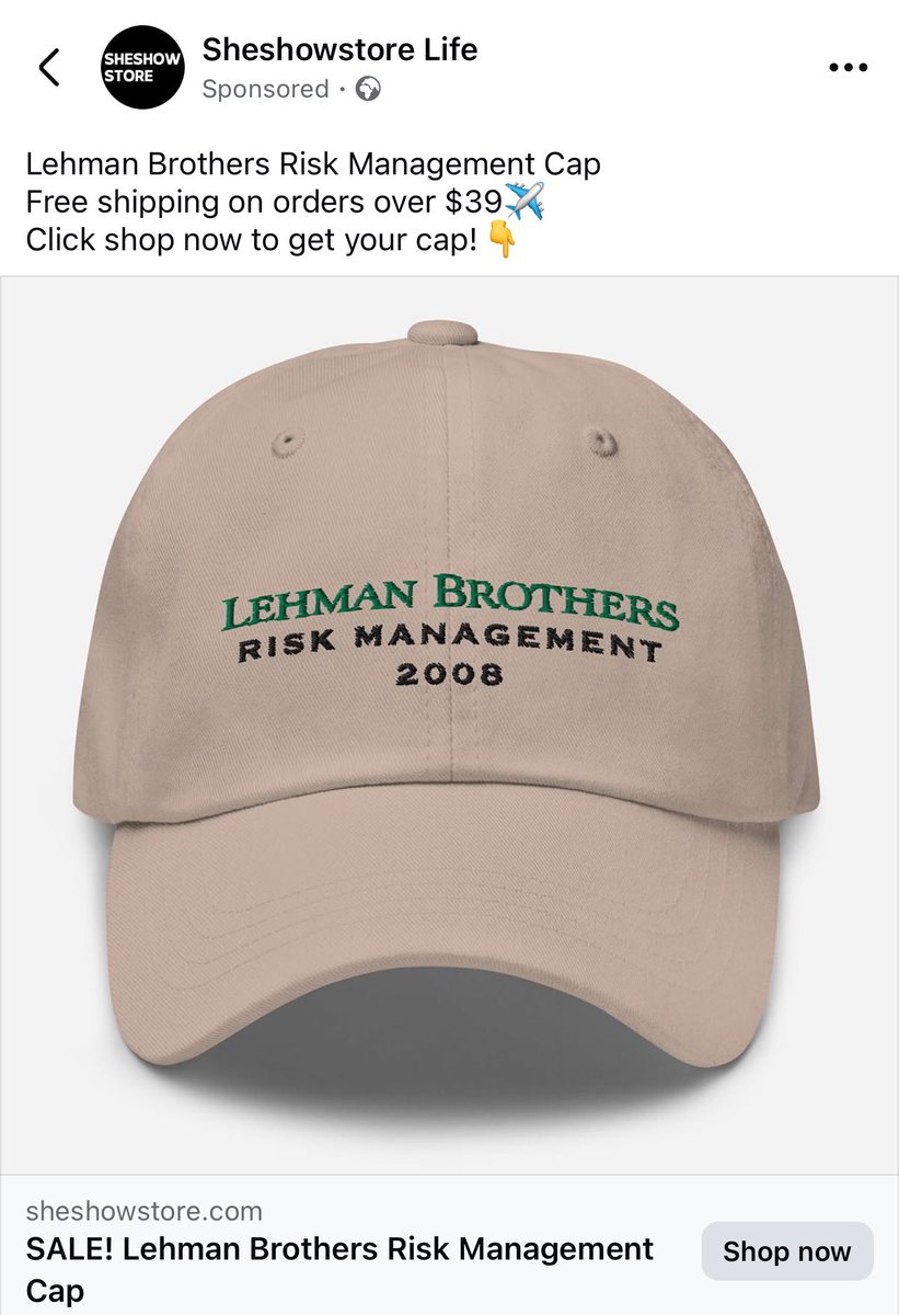 🧢 A masterclass in marketing: take the name that tanked the world economy and slap it on merchandise!🎩 👏

Wear it ideally while giving a TED talk on crisis leadership.

It’s much more than just a cap. It’s a conversation starter, a red flag, and a cautionary tale, all in one…