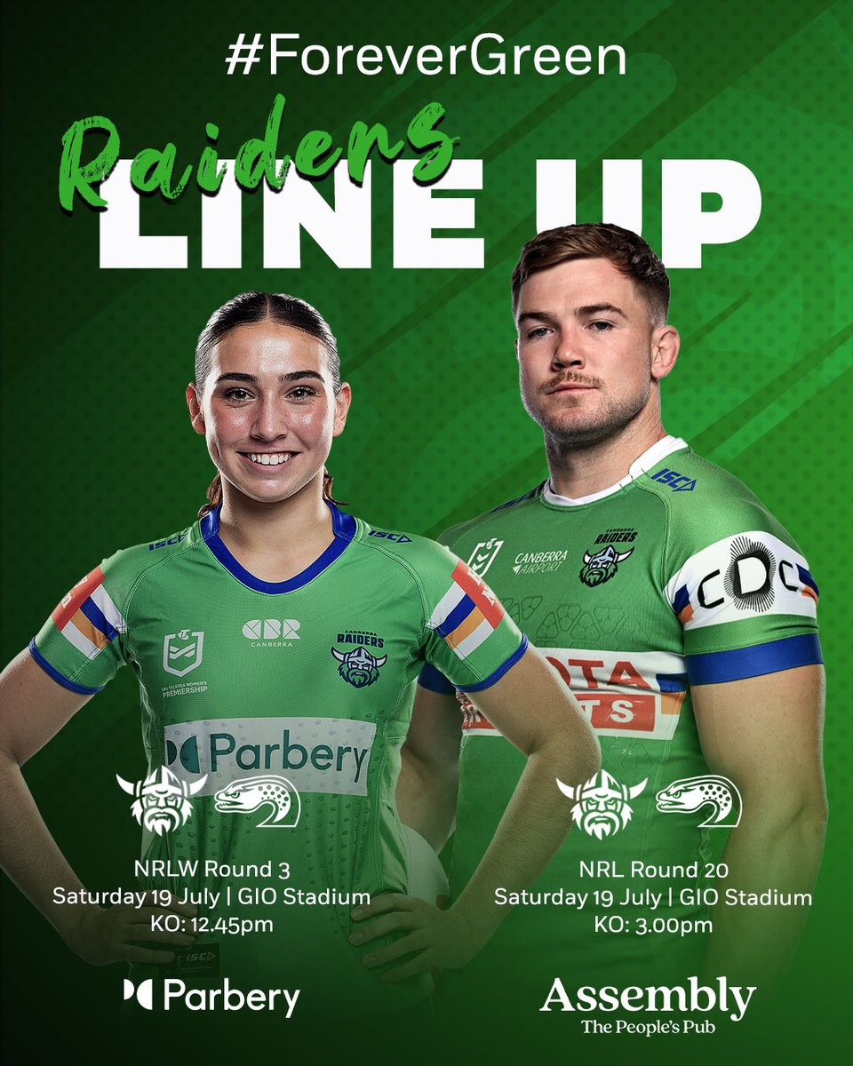 Teams are in for #ForeverGreen Round at GIO Stadium Canberra.

NRL: bit.ly/46aPMph
NRLW: bit.ly/44tWRjx

Brought to you by Assembly and Parbery.

#WeAreRaiders