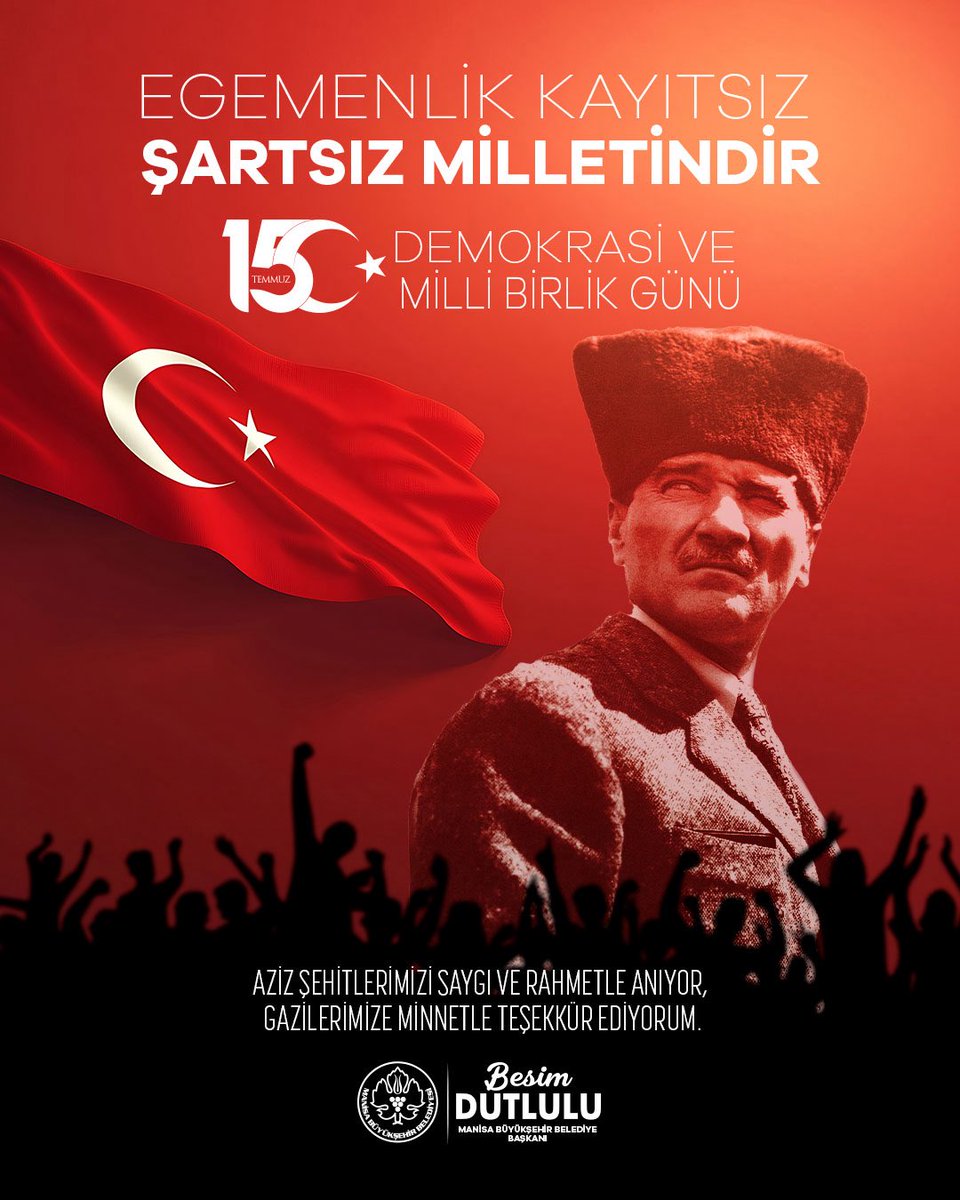 "Egemenlik, kayıtsız şartsız milletindir."

15 Temmuz Demokrasi ve Milli Birlik Günü’nde, vatanımızın bağımsızlığı, milletimizin birliği ve bayrağımızın onuru uğruna canlarını feda eden aziz şehitlerimize Allah’tan rahmet, kederli ailelerine sabır ve başsağlığı, kahraman