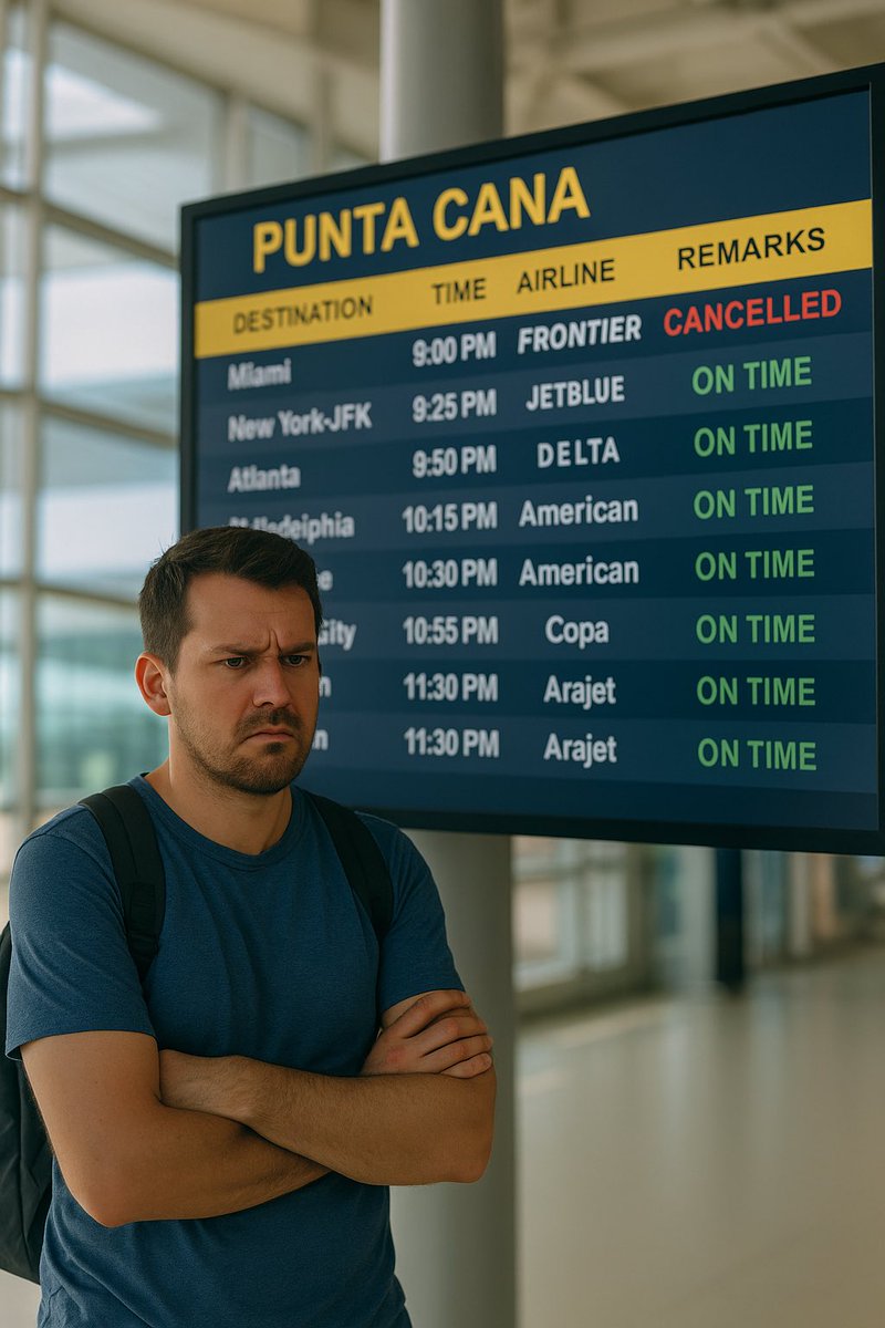 EsquirolUlysse's tweet photo. @FlyFrontier This was me at Punta Cana Airport after your last-minute cancellation.
No warning. No assistance. Just a cold “maintenance issue” and goodbye.
We lost two international flights.
You call that customer service?

#FrontierFail #AirlineAccountability #FlightCancelled https://t.co/PDap7sqaam