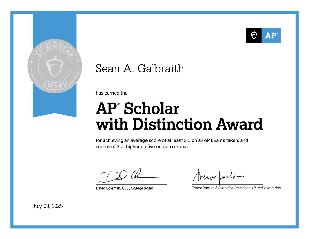 Honored to be named an AP Scholar with Distinction by College Board, earned by top 2% of AP students nationwide.
5s – APUSH, Precalc, Human Geo
4s – Chem, Physics, World, English Lang
Grateful for my teachers. Taking 6 APs this year, working toward all 5s.
#StudentAthlete