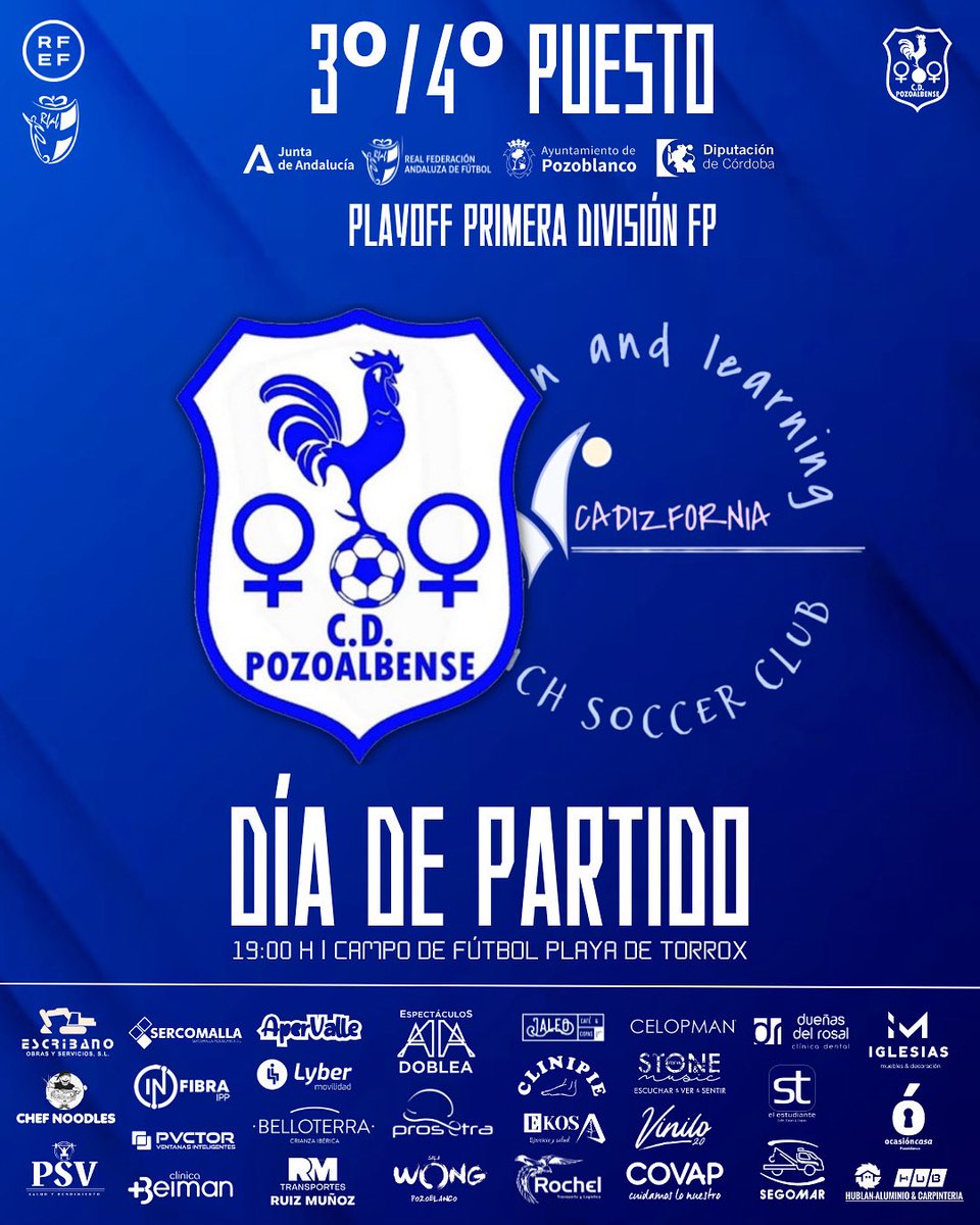 📍𝑫𝒊́𝒂 𝒅𝒆 𝒑𝒂𝒓𝒕𝒊𝒅𝒐 - Playoff - 3º y 4º puesto - Partido de Ida

📆 Martes, 15 de julio
🇪🇸 19:00 h
🆚 CD Fun and Learning
📍 Campo de Fútbol Playa de Torrox

#futbolplaya #beachsoccerworldwide #rfaf #rfef