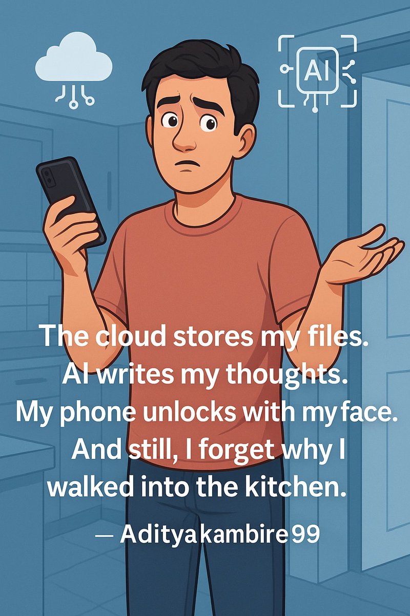 adityakambire99's tweet image. The cloud stores my files.
AI writes my thoughts.
My phone unlocks with my face.
And still, I forget why I walked into the kitchen.
#TechHumor #RelatableTech