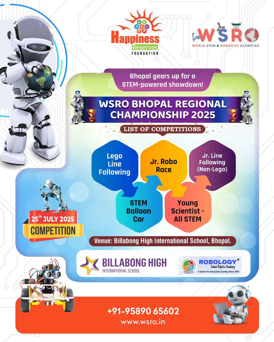 WSROIndia's tweet image. Who’s ready to compete, create, and conquer?
🗓 25 July 2025
📍 Billabong High International School, Bhopal
For more information:
📲 +91 95890 65602
📧 wsroindia@gmail.com
🌐 www.wsro.
#STEMChallenge #WSROBhopal #LegoRobotics #STEMIndia #YoungInnovators #RoboRace