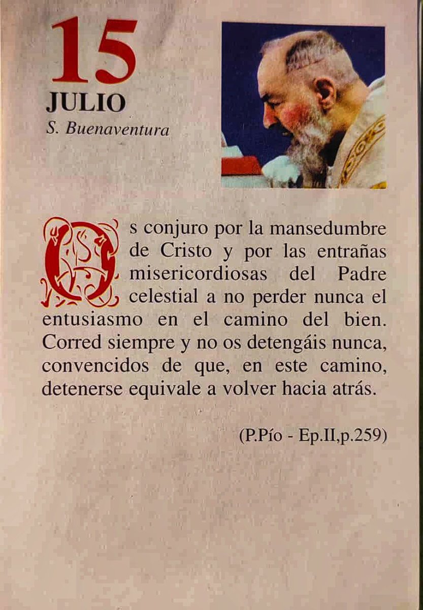 ¡Feliz Martes 15 de Julio! 

“Os conjuro por la mansedumbre de Cristo y por las entrañas misericordiosas del Padre celestial a no perder nunca el entusiasmo en el camino del bien. Corred siempre y no os detengáis nunca, convencidos de que, en este camino, detenerse…”