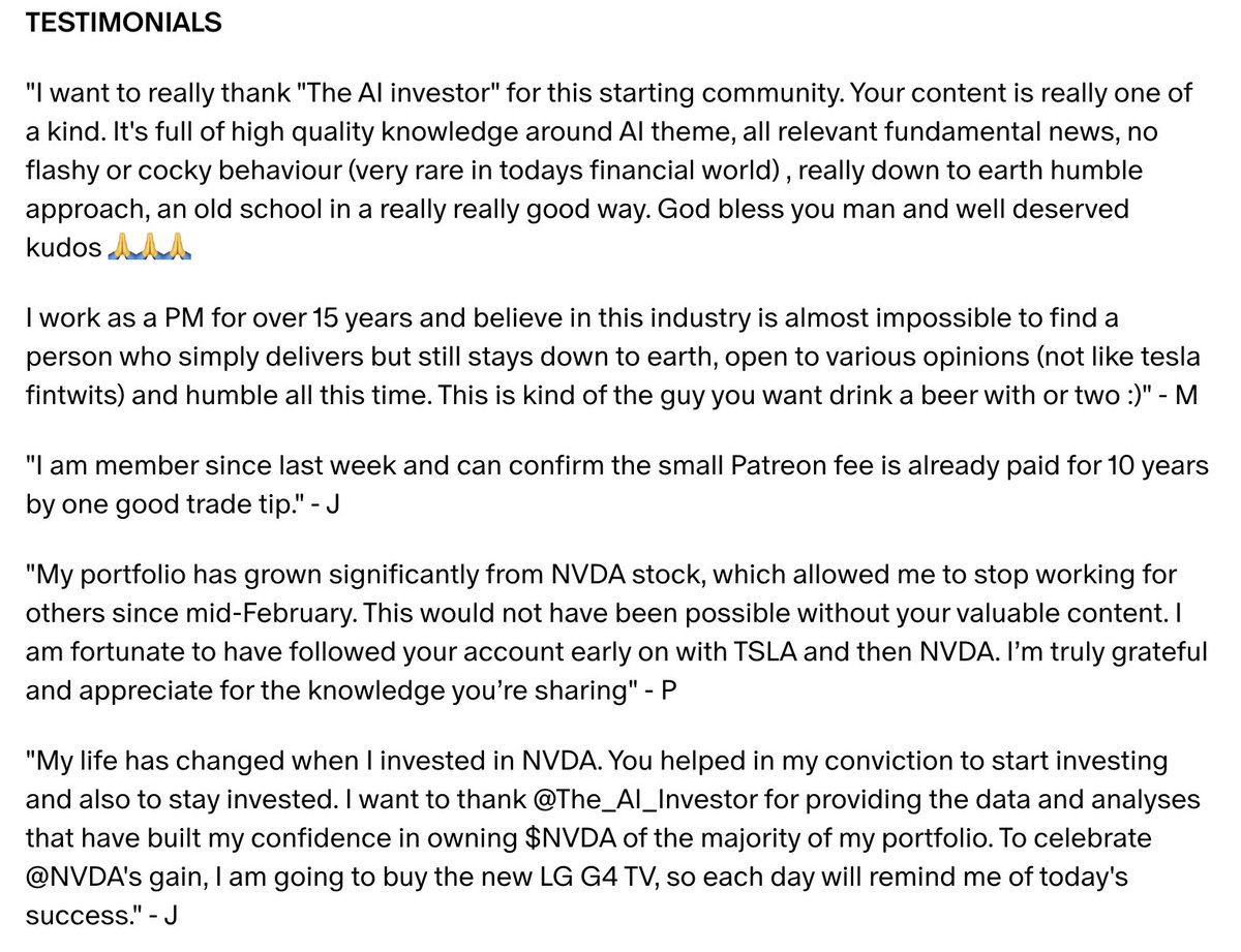 The_AI_Investor's tweet image. Patreon Concentrated Membership
- See my valuation models and price targets for Nvidia, Tesla and other stocks
- My portfolio updates & trading plans
- Frequent updates about my concentrated positions
- Join member exclusive discord server
patreon.com/The_AI_Investor