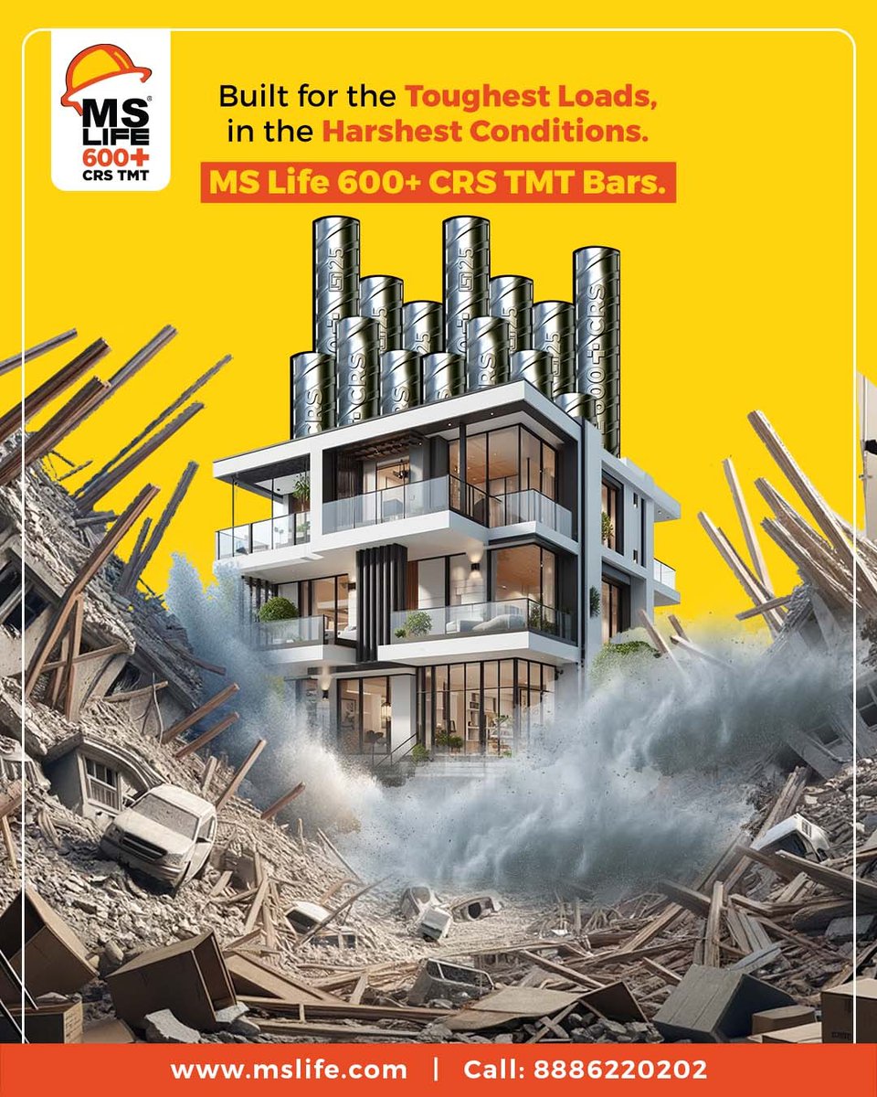 MSLife7's tweet photo. When everything around collapses, what stands tall is what truly matters.
#MSLifeTMT #MSLife600Pluscrstmt #StrongerSteel #CRSTMTBars #EarthquakeResistant #ToughSteel #ConstructionSteel #BuildWithMSLife #StructuralStrength #TMTBarsIndia #corrosionresistancebars #MSLifeSteel https://t.co/yS6NGNjOtZ