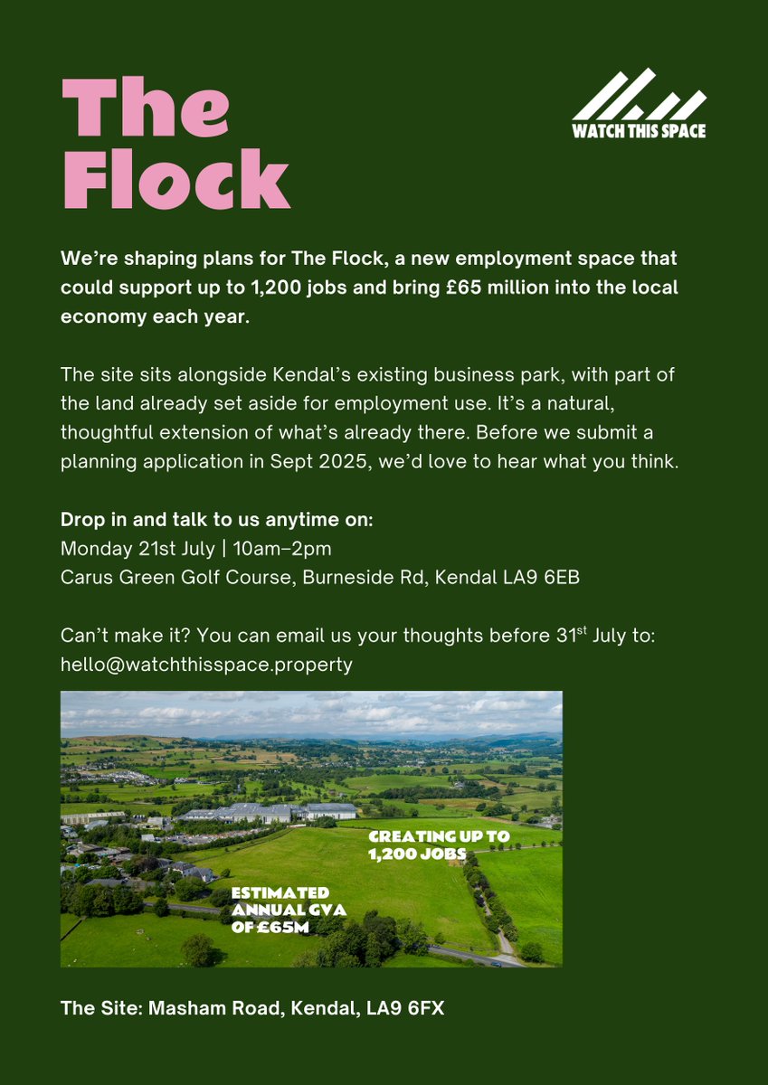 Happy news! We're bringing forward a proposed employment scheme in Kendal that will add up to £65m into the local economy + 1,200 jobs! Before we submit plans, we’d love your thoughts. Join us for our consultation at Carus Green on Mon 21 July, 10am–2pm. 💬 #Kendal