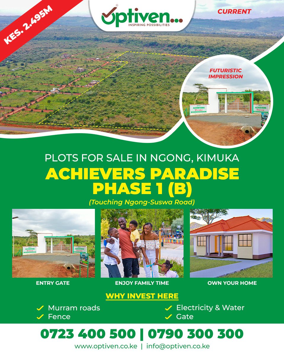 OptivenLimited's tweet photo. 𝐁𝐢𝐠 𝐃𝐫𝐞𝐚𝐦𝐬, 𝐁𝐢𝐠𝐠𝐞𝐫 𝐕𝐢𝐞𝐰𝐬!

Welcome to the New Achievers Paradise – Kimuka 1B, where stunning Ngong Hills meet smart investment. 

Own a value-added plot with unbeatable views, great infrastructure, and endless potential from KSHs 2.495M. Perfect for your dream home or future returns!
>> https://t.co/5Vessxvvjw 

📍 Location: Kimuka, Ngong
📞 Call: 0723 400 500/0790 300 300
#SisimkaNaOptiven