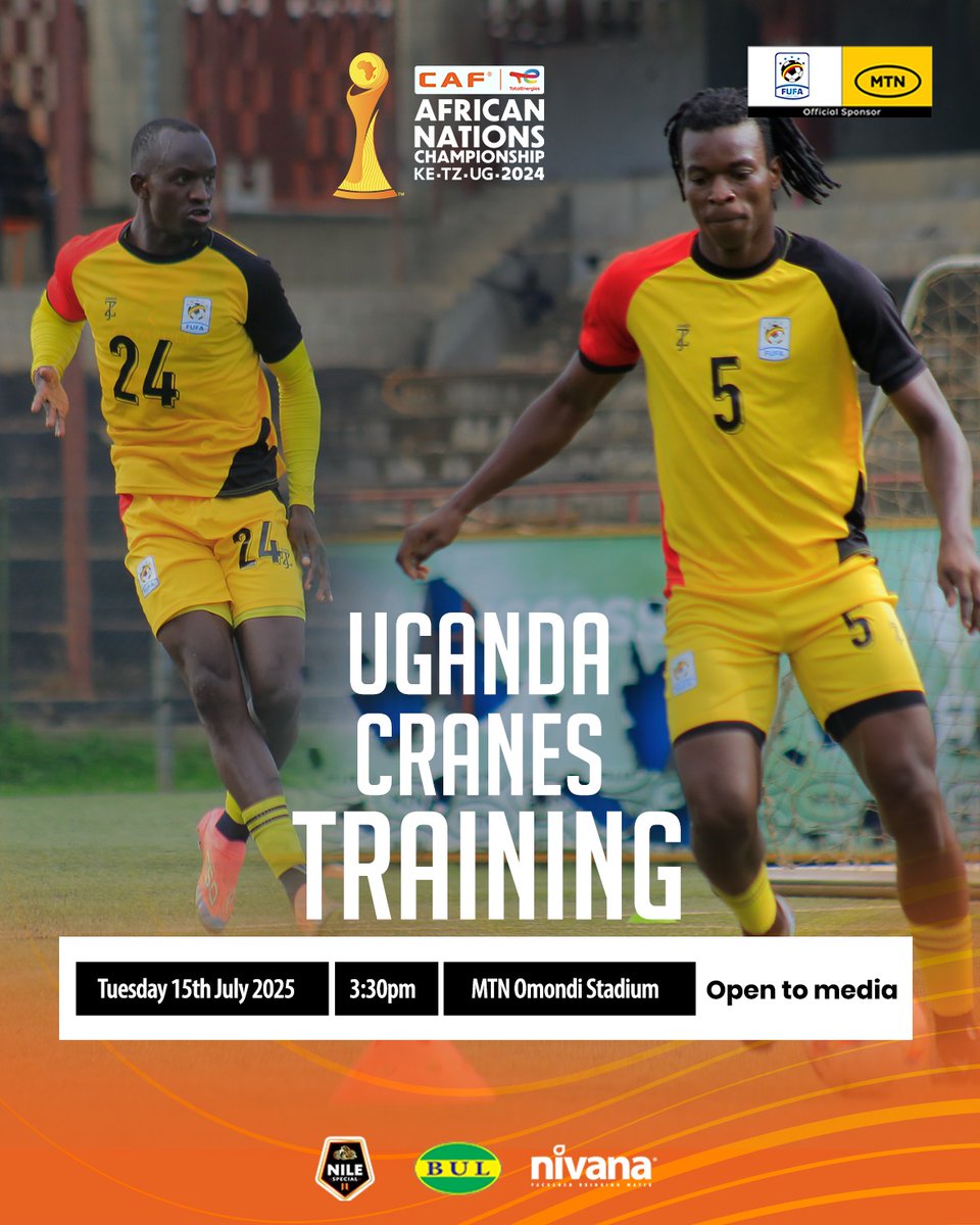 The Uganda Cranes will conduct a single training session today at the MTN Omondi Stadium Lugogo as part of preparations for the 2024 TotalEnergies African Nations Championship (CHAN).

Time — 3:30 PM

The session is open to media.

#UgandaCranes | #TotalEnergiesCHAN2024
