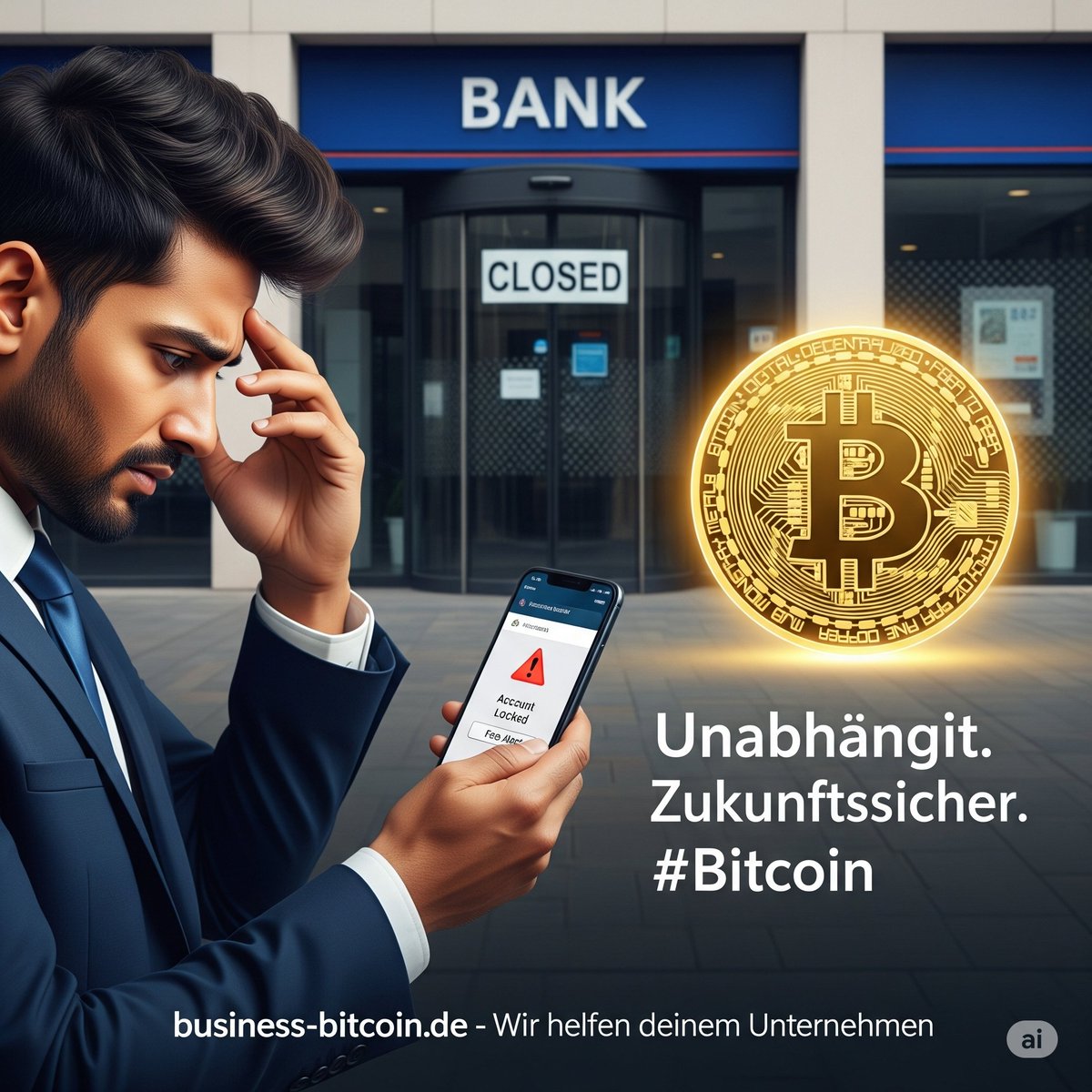 💥 Banken schließen dein Konto?

💳 Gebühren fressen deinen Gewinn?

🔐 Es ist Zeit für #Bitcoin.

Lass dein Unternehmen unabhängig und zukunftsfähig werden.

Wir helfen dir dabei: business-bitcoin.de