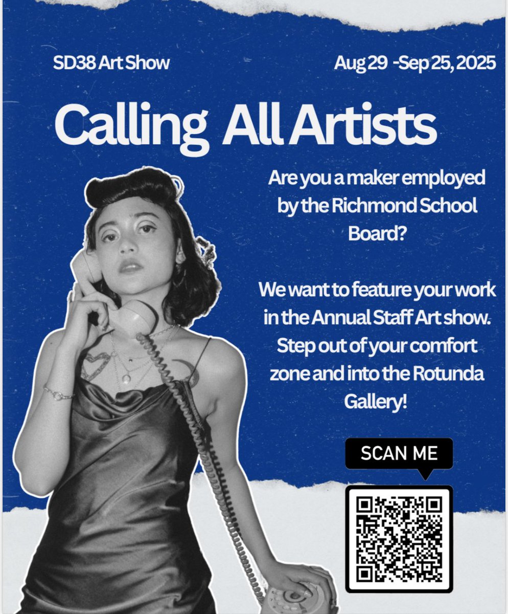 Richmond School District Arts Education (@sd38arts) on Twitter photo Annual SD38 Staff Art Show - a month long exhibition from Aug 29 to Sept. 25 at the upper Rotunda Gallery in the Richmond Cultural Centre. This exhibition is open to all SD38 staff. The deadline for submission s has been extended to July 25th. Scan QR to register. <a href="/SD38Arts/">Richmond School District Arts Education</a> Annual SD38 Staff Art Show - a month long exhibition from Aug 29 to Sept. 25 at the upper Rotunda Gallery in the Richmond Cultural Centre. This exhibition is open to all SD38 staff. The deadline for submission s has been extended to July 25th. Scan QR to register. <a href="/SD38Arts/">Richmond School District Arts Education</a>