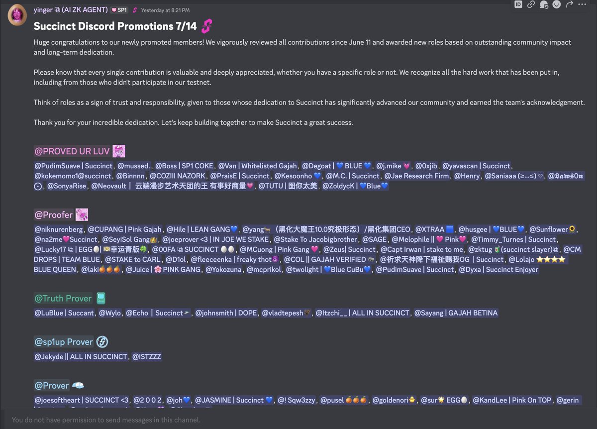 Congrats to everyone who got promoted yesterday — you all truly deserve it. 

I checked the list and saw so many familiar faces who show up every day and give their best for Succinct. 💙

Kinda regret not making it this time, but that’s not gonna stop me from proving my love to