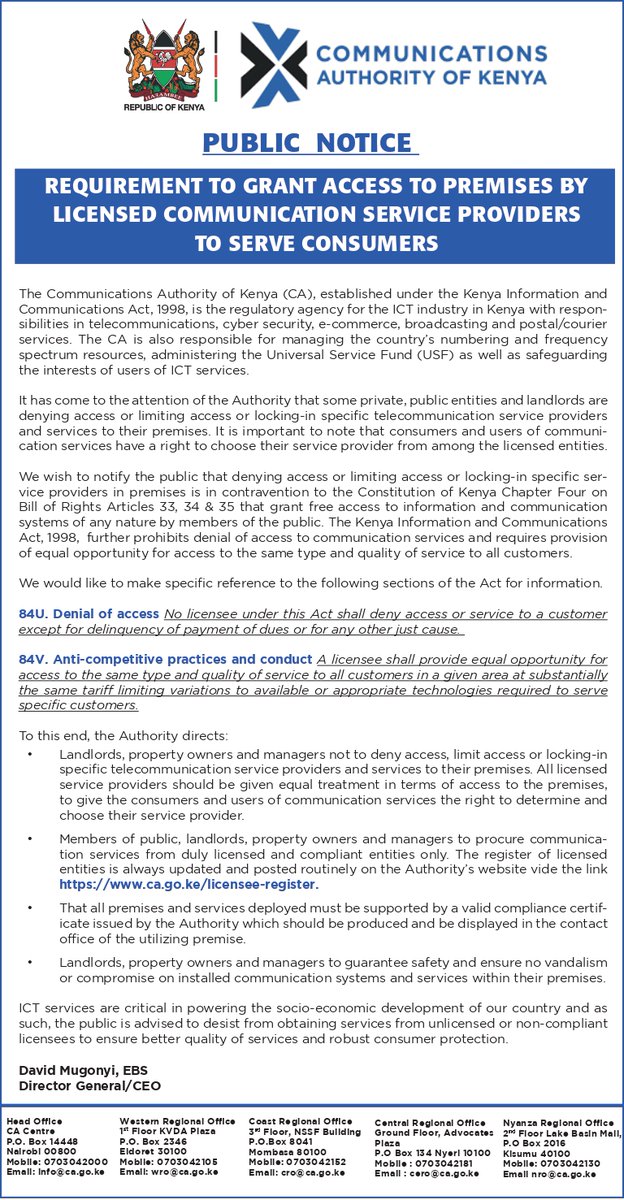 Communications Authority of Kenya (CA) (@ca_kenya) on Twitter photo Public Notice: Requirement to Grant Access to Premises by Licensed Communication Service Providers to Serve Consumers. <a href="/TESPOK_KENYA/">TESPOK - KENYA</a> <a href="/Mugonyid/">David Mugonyi</a> Public Notice: Requirement to Grant Access to Premises by Licensed Communication Service Providers to Serve Consumers. <a href="/TESPOK_KENYA/">TESPOK - KENYA</a> <a href="/Mugonyid/">David Mugonyi</a>