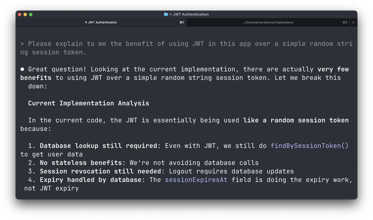 michlbrmly's tweet image. Sometimes you see developers blindly following patterns that make no sense.
One example I see a lot: using JWT when it is not needed.
I've been working with Claude Code the past few days and it did exactly the same.
I noticed that my ultra-simple session implementation now…