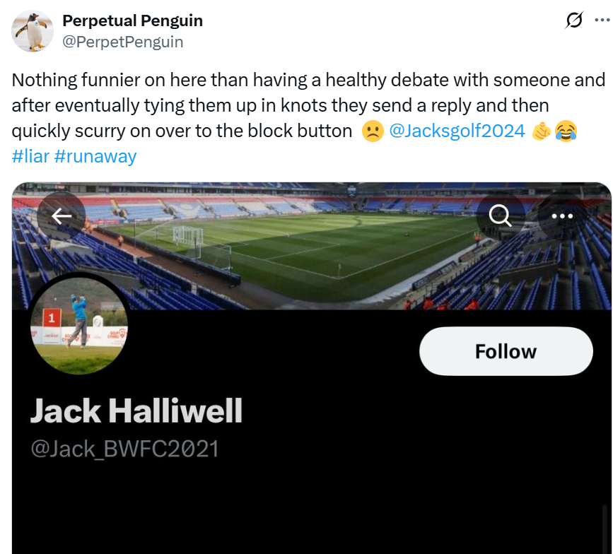BWFCNathan16's tweet photo. Bit ironic Mr Penguin since you get personal when someone has got the better of you and you just block them.
Hypocrite
#insecurecunt #hypocrite https://t.co/sM9ZpiuQkL