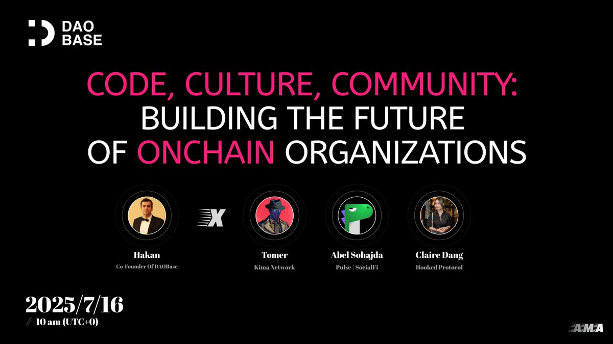 daobase_ai's tweet image. 🎙️ CODE, CULTURE, COMMUNITY 

What does it really take to build thriving onchain organizations?

This Wednesday (July 16), we’re going live with some amazing guests to unpack how infra, values, and community come together in the DAO space. From tooling to social layers—this one’s…