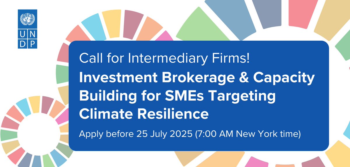 UNDP_SDGFinance's tweet image. 📣 Call for Intermediary Firms! Scaling African #SMEs for #ClimateResilience 🌍
We're seeking a partner to support SMEs in 🇬🇭 🇰🇪 🇲🇼 🇲🇷 🇨🇬 🇸🇳 on:
🔹 Investment sourcing
🔹 Readiness & brokering
🔹 Impact & facilitation
Apply by 25 July 👉 procurement-notices.undp.org/view_negotiati…