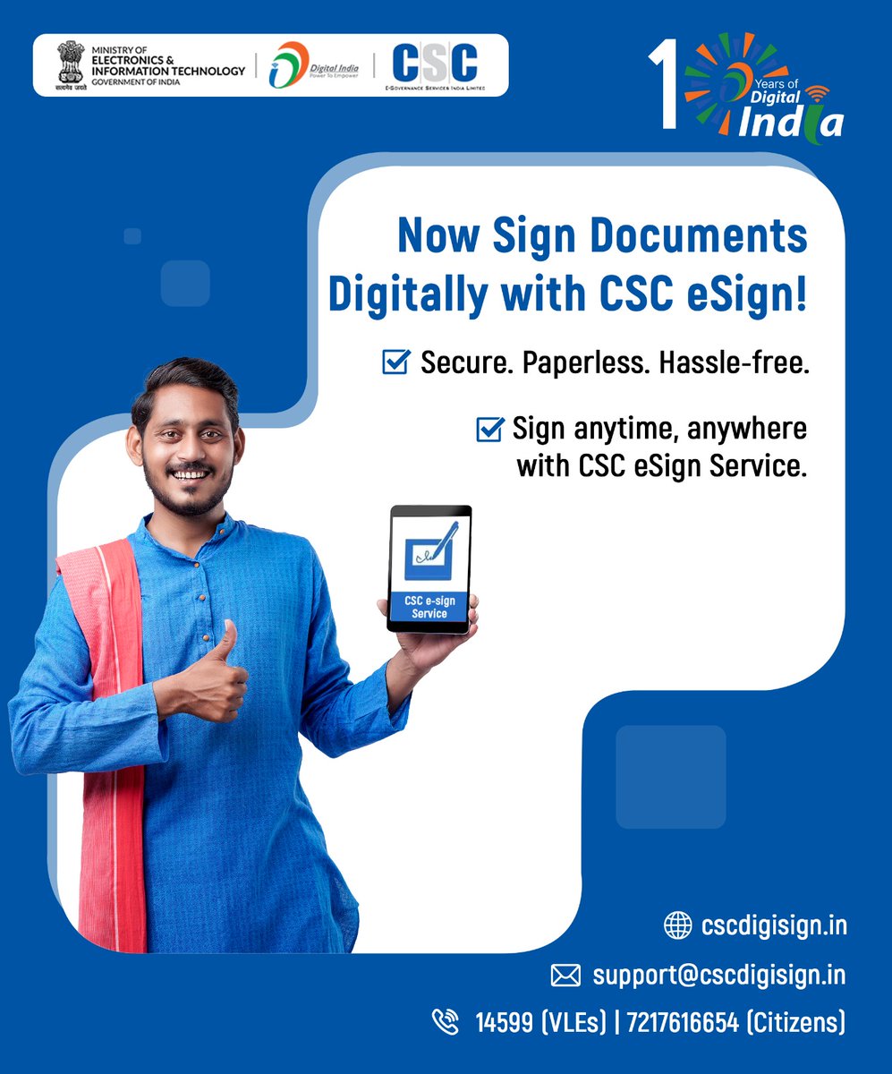 _DigitalIndia's tweet image. 🖊️ 10 Years of Digital India.
Now say goodbye to paperwork and hello to digital signatures with CSC eSign Service!
#CSCeSignService #DigitalIndia #10YearsofDigitalIndia #eSign
@CSCegov_