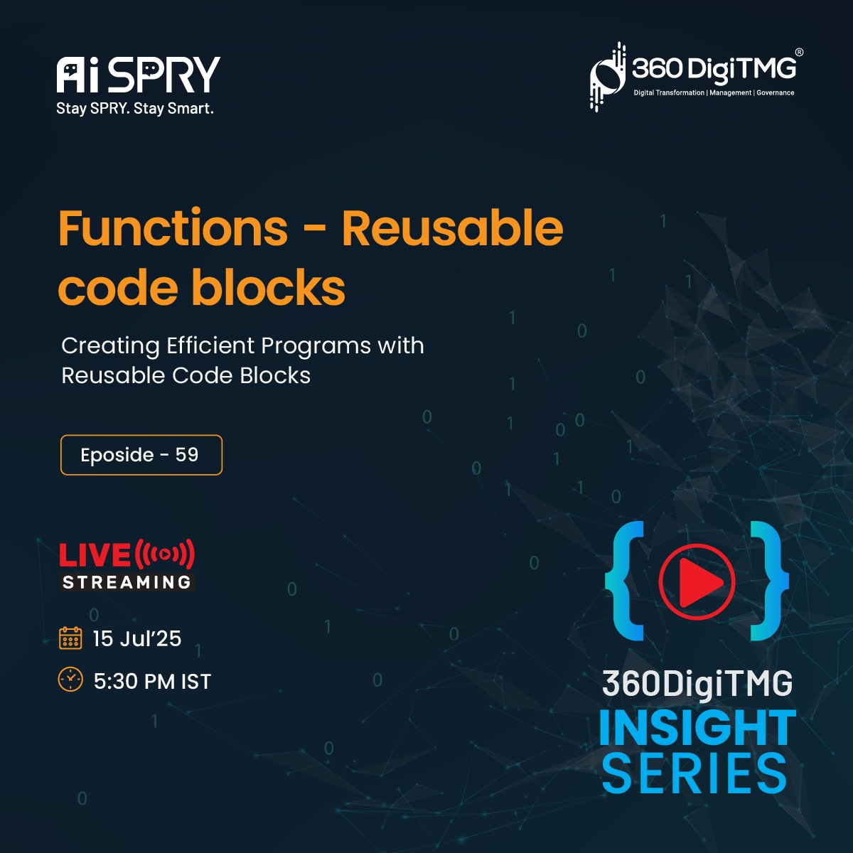 360digitmg's tweet image. 🚀Functions - Reusable code blocks | 360DigiTMG 🚀
🗓 Date: 15th, July 25
🕖 Time: 5:30 PM IST
👉 Access the session via the provided link
youtube.com/live/tecHuMjFK…
#functions #pythonfunctions #reusablecode #codingbasics #functionsinpython #pythontraining #360digitmg