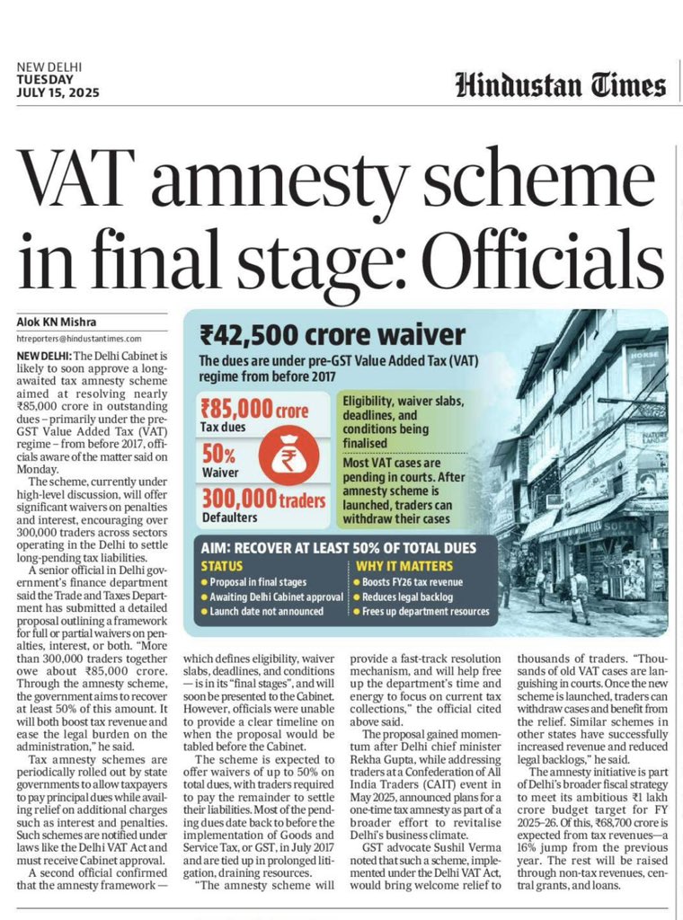 Delhi cabinet may approve amnesty scheme for Rs 85,000 crore unpaid VAT taxes

hindustantimes.com/cities/delhi-n…