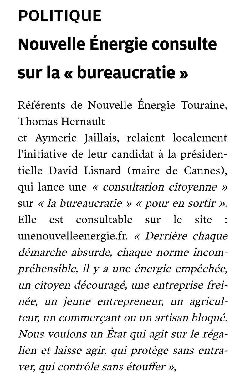 Rendons leur liberté aux Français avec <a href="/davidlisnard/">David Lisnard</a> et libérons toutes les énergies !

👉Pour participer à la grande consultation nationale contre la bureaucratie, c'est ici : unenouvelleenergie.fr/consultation-b…