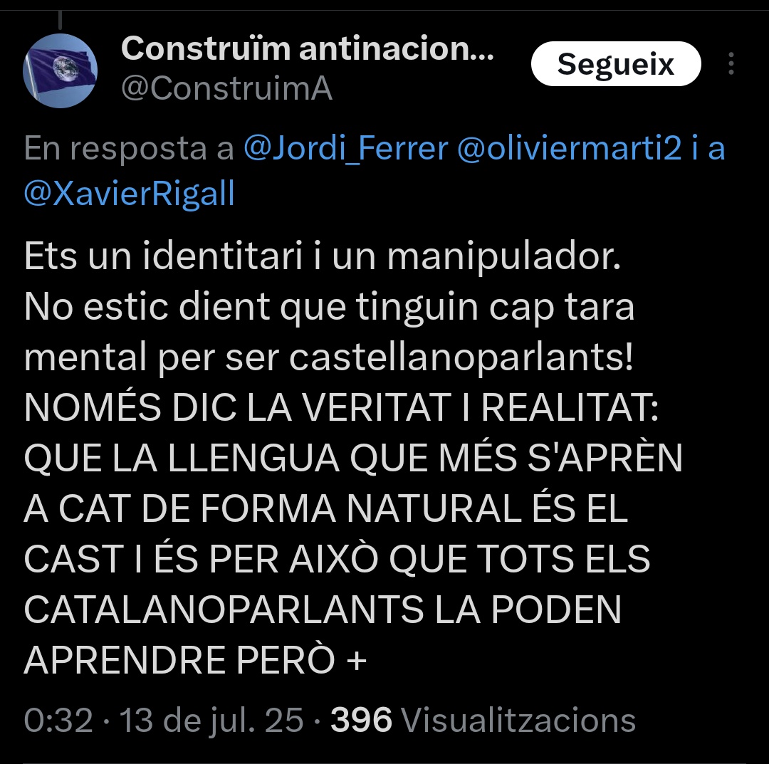 eloi_pv's tweet image. Diu que molta gent no se'n surt d'aprendre català, no pot. El castellà, per contra, s'aprèn "de manera natural", fàcil. Argument supremacista de manual. No us deixeu enredar, teniu clar què és sempre algú que es fa dir "antinacionalista" o "no nacionalista", oi?