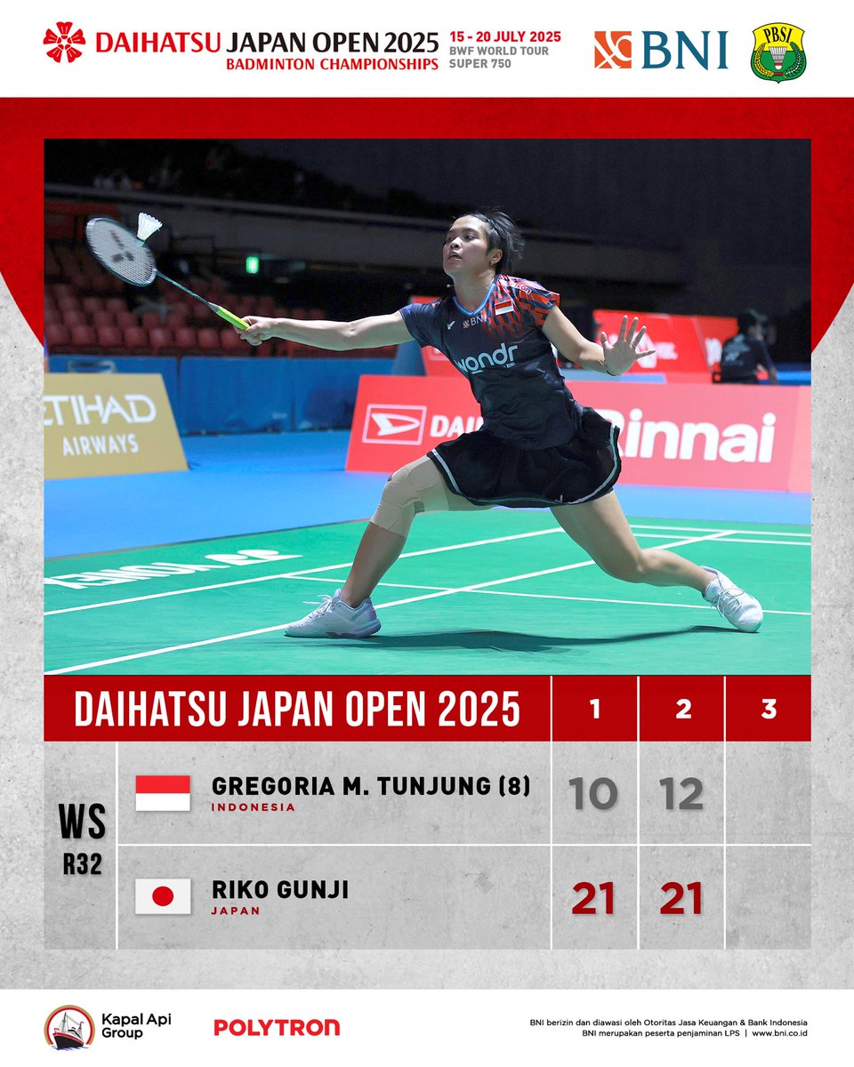 BADMINTON INDONESIA (@inabadminton) on Twitter photo Comeback yang belum maksimal dari Gregoria.
Mari perbaiki dan coba lagi minggu depan di China Open. Semangat Grego!
#BadmintonIndonesia #JapanOpen2025 Comeback yang belum maksimal dari Gregoria.
Mari perbaiki dan coba lagi minggu depan di China Open. Semangat Grego!
#BadmintonIndonesia #JapanOpen2025