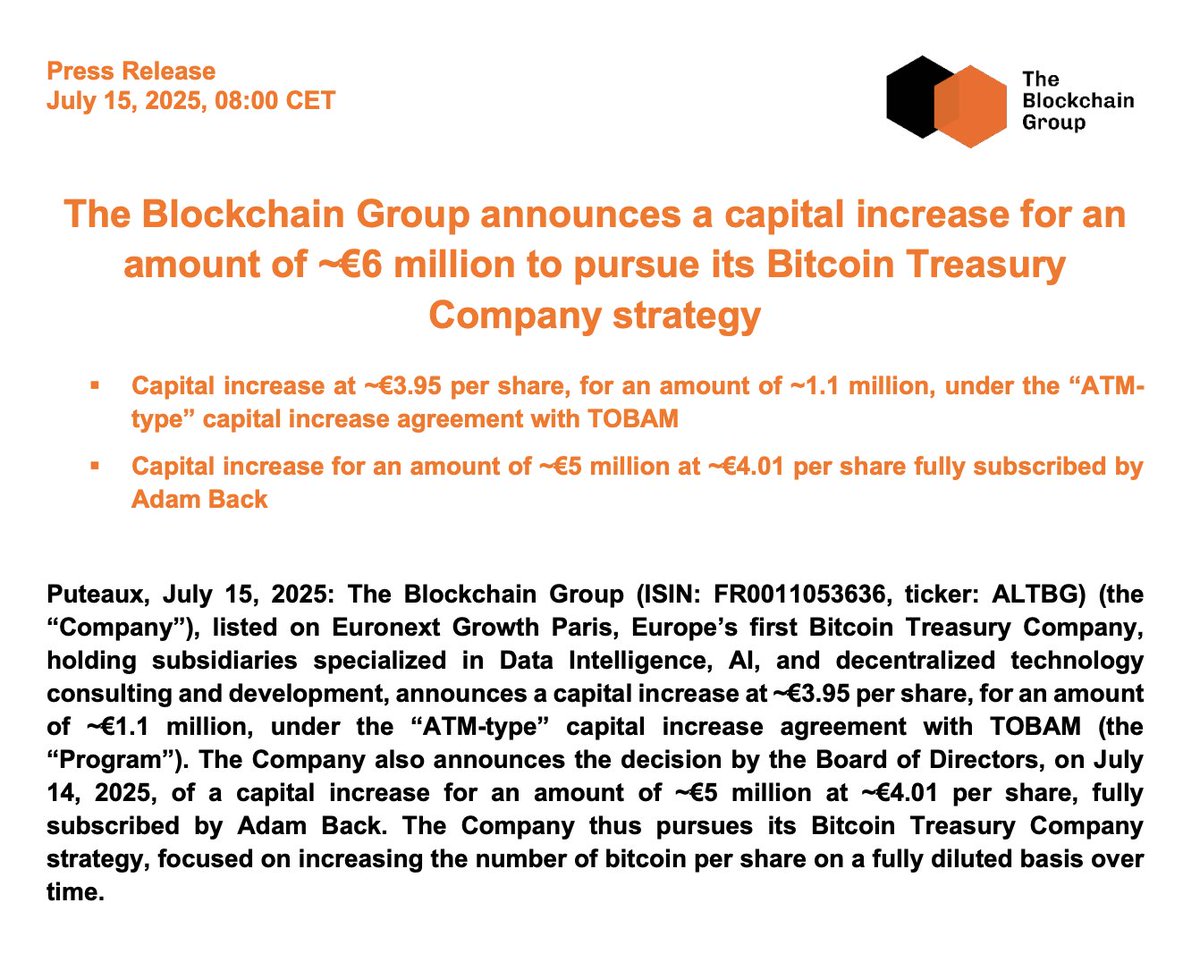 _ALTBG's tweet image. 🟠The Blockchain Group announces a capital increase for an amount of ~€6 million to pursue its Bitcoin Treasury Company strategy⚡️
Full Press Release (EN): theblockchain-group.com/wp-content/upl…
Full Press Release (FR): theblockchain-group.com/wp-content/upl…
BTC Strategy (EN): theblockchain-group.com/wp-content/upl…