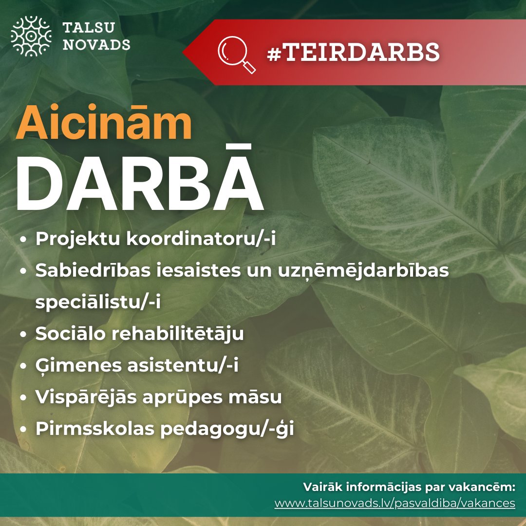 #teirdarbs   

💼 Talsu novada pašvaldība aicina darbā speciālistus dažādās jomās.

👉 Katras vakances apraksts pieejams šeit: talsunovads.lv/lv/vakances

👋 Ieskaties un nāc mūsu komandā!

#talsunovads