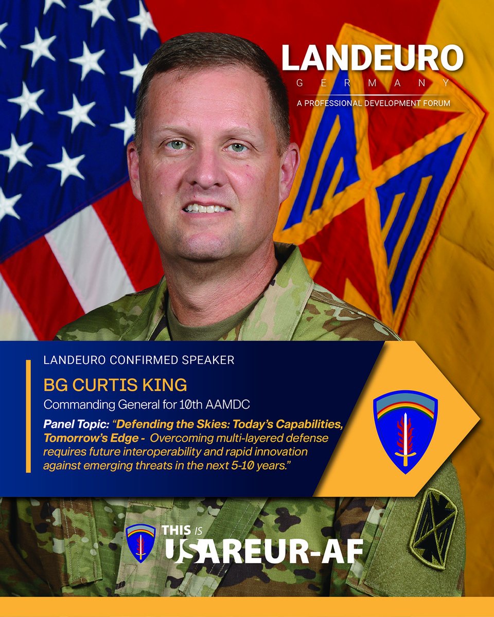🚨 Speaker Spotlight 🚨

How do AI, EW &amp; integrated systems shape future defense?

Join Brig. Gen. Curtis King at the "Defending the Skies: Today's Capabilities, Tomorrow's Edge" panel during #LANDEURO

#ThisIsUSAREURAF | #EuropeAfricaInnovation | #WeAreNATO https://t.co/edSqMmvgCl