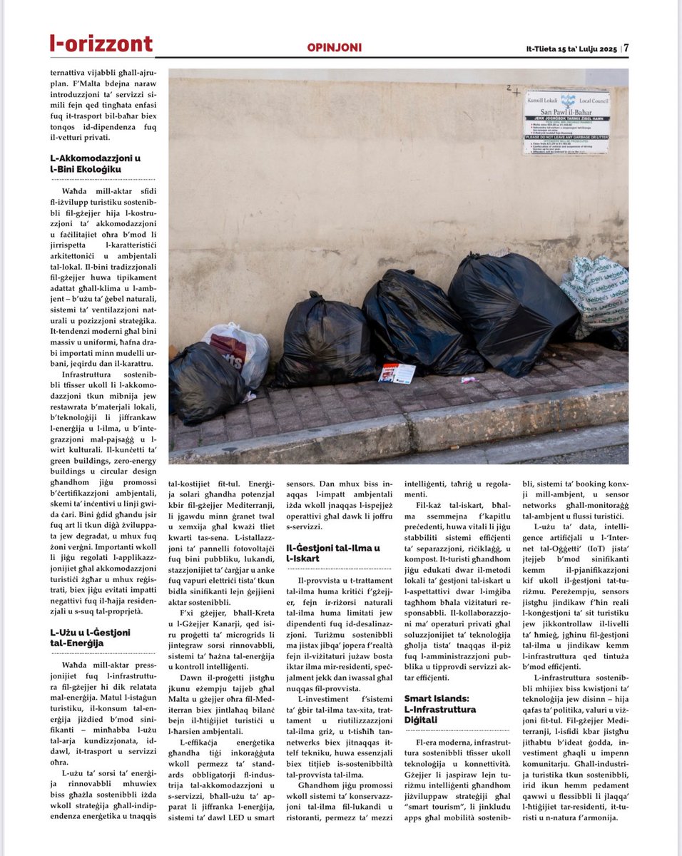 favamario's tweet photo. Today's article in l-Orizzont dives into the crucial topic of sustainable tourism in the Mediterranean, with a special spotlight on our beautiful islands of Malta and Gozo.

It mentions the importance of eco-friendly practices and how sustainable infrastructure is essential. https://t.co/2av1vJSvJq