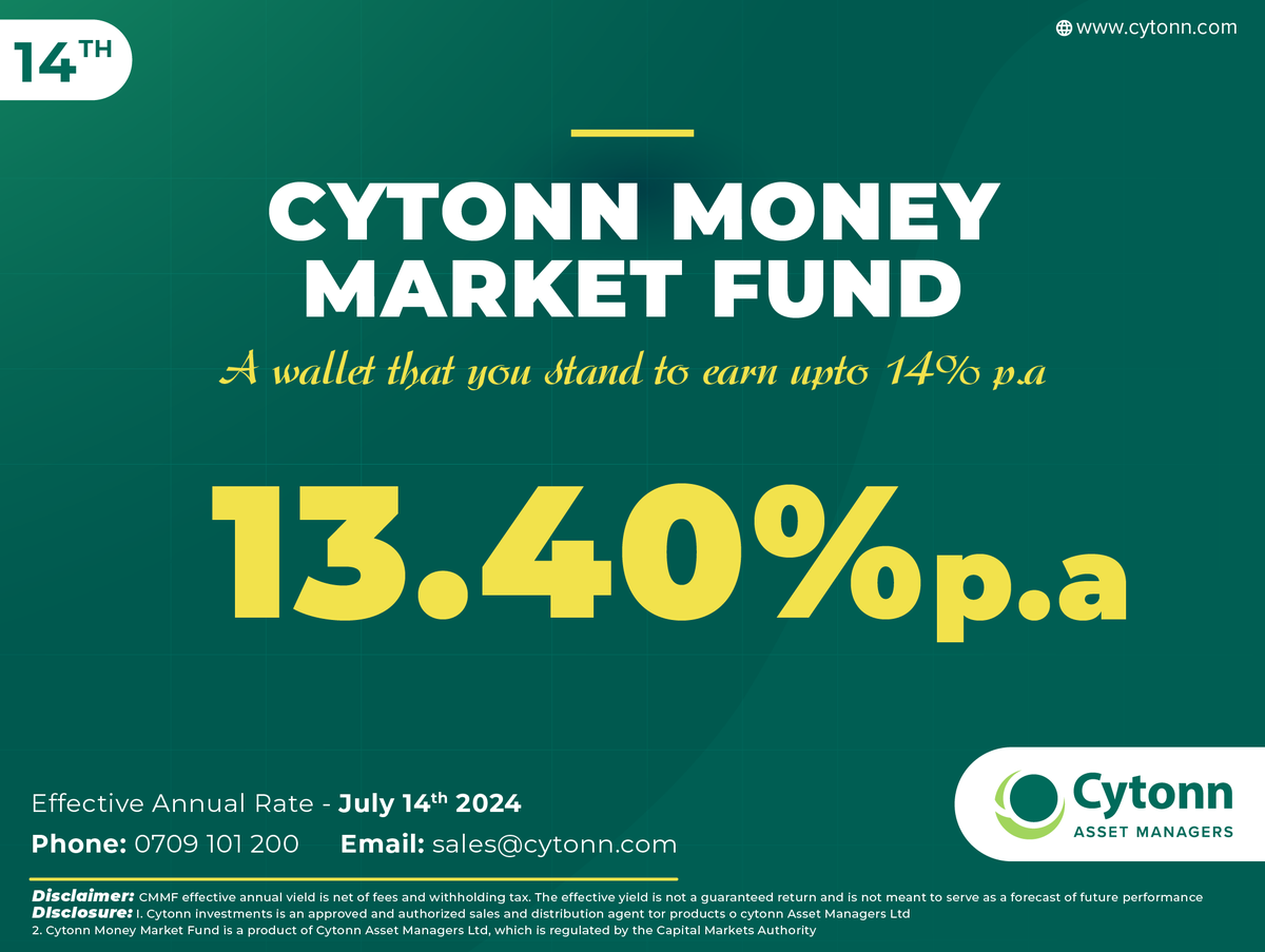 Cytonn Money Market Fund posted an Effective Annual Rate of 13.40% as of 14th July, 2025.
Invest, withdraw, and redeem to pay bills instantly 24/7, by just dialing *809# or sign up at clients.cytonn.com/apply/investme…
Cytonn Wallet ,a wallet that you stand to earn high returns of up to 14%