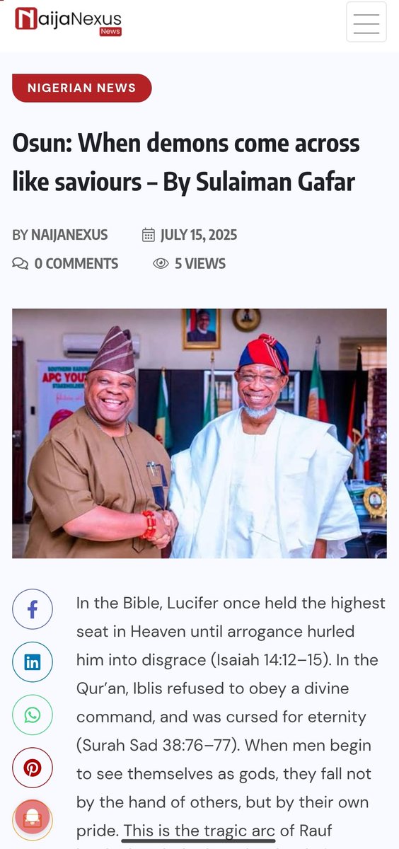 Osun: When demons come across like saviours

By Sulaiman Gafar

In the Bible, Lucifer once held the highest seat in Heaven until arrogance hurled him into disgrace (Isaiah 14:12–15). In the Qur’an, Iblis refused to obey a divine command, and was cursed for eternity (Surah Sad)