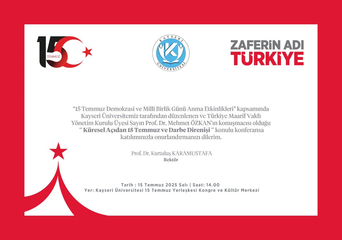 Türkiye Maarif Vakfı [<a href="/TMaarifVakfi/">Türkiye Maarif Vakfı</a>] Yönetim Kurulu Üyesi ve Milli Savunma Üniversitesi Öğretim Üyesi Prof. Dr. Mehmet Özkan’ın [<a href="/_MehmetOzkan/">Prof. Dr. Mehmet Özkan</a>] Üniversitemiz 15 Temmuz Merkez Yerleşkesi‘nde bulunan Kongre ve Kültür Merkezi’mizde vereceği “Küresel Açıdan 15 Temmuz ve Darbe