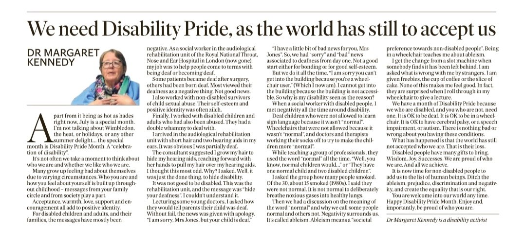 Powerful article by Dr. Margaret Kennedy on Disability pride &amp; calling out ableism and the discrimination people face everyday. 
#DisabilityPride #Ableism #Ageism 

It is now time for non-disabled people to add us to the list of human beings. Ditch the ableism, prejudice,