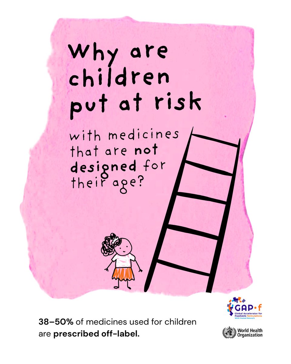 WHO's tweet image. Too many children are given medicines that were never properly tested for them.

That means imprecise dosing—and real risks.

💡 The @GAP_f_Network is changing the game.

They’re fast-tracking the development of medicines made for children—not just scaled-down versions of adult…