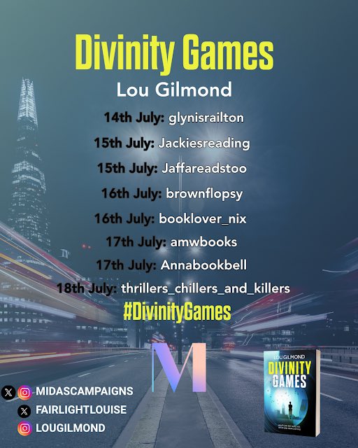 jaffareadstoo's tweet image. Today on the blog I am delighted to join the #blogtour to share my #bookreview of #DivinityGames by Lou Gilmond @FairlightLouise @midascampaigns
Book 3 in the #KanhaAndColbey series of #CrimeThrillers
jaffareadstoo.blogspot.com/2025/07/blog-t…