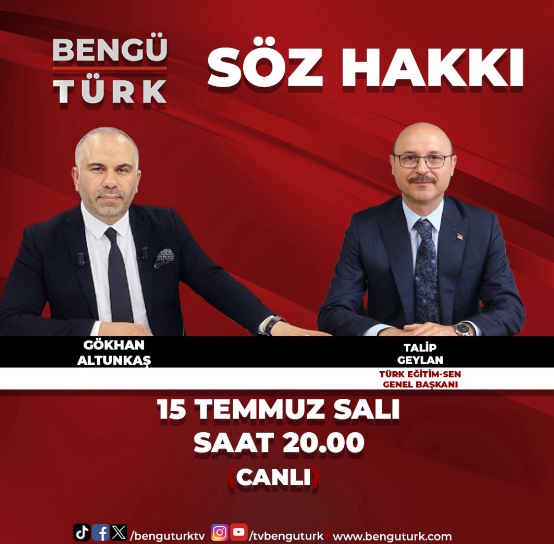 Türkiye Kamu-Sen (@kamu_sen) on Twitter photo Genel Sekreterimiz ve Türk Eğitim-Sen Genel Başkanı Talip Geylan;
📅15 Temmuz Salı
⏰20.00’de
📍Bengü Türk TV’de
Gökhan Altunkaş’ın sunduğu Söz Hakkı programının CANLI YAYIN konuğu olacaktır.
<a href="/TalipGeylan06/">Talip Geylan</a>
<a href="/GAltunkas/">Gökhan Altunkaş</a>
<a href="/benguturktv/">Bengü Türk</a> Genel Sekreterimiz ve Türk Eğitim-Sen Genel Başkanı Talip Geylan;
📅15 Temmuz Salı
⏰20.00’de
📍Bengü Türk TV’de
Gökhan Altunkaş’ın sunduğu Söz Hakkı programının CANLI YAYIN konuğu olacaktır.
<a href="/TalipGeylan06/">Talip Geylan</a>
<a href="/GAltunkas/">Gökhan Altunkaş</a>
<a href="/benguturktv/">Bengü Türk</a>