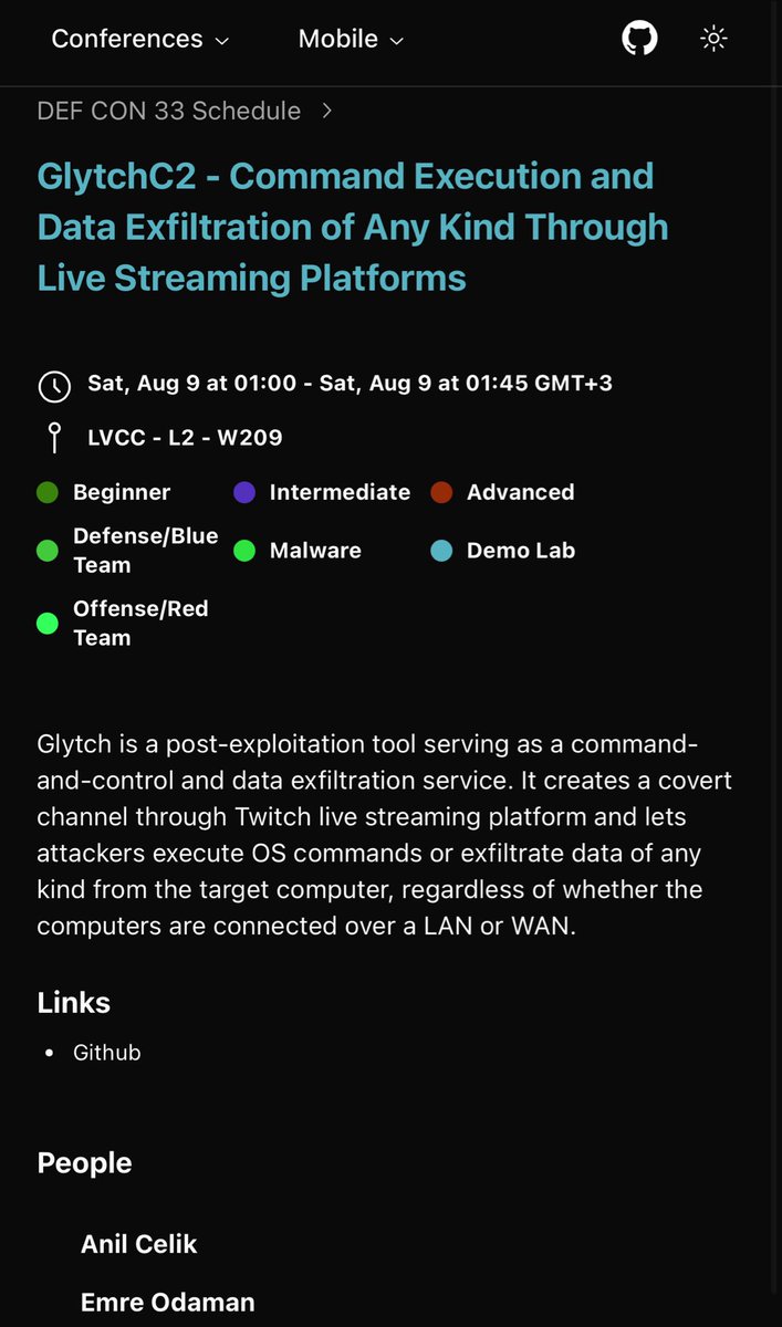 ccelikanil's tweet image. We will be showcasing our latest research, GlytchC2 at @defcon 33 #DemoLabs ,  join us! HackerTracker App: hackertracker.app/event/?conf=DE…