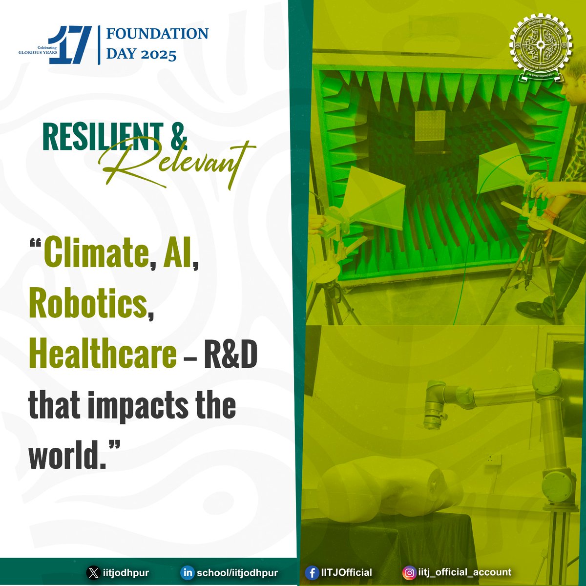 iitjodhpur's tweet image. Celebrating 17 glorious years of innovation at @iitjodhpur!

IIT Jodhpur reaffirms it’s commitment to R&amp;amp;D that matters — in Climate, AI, Robotics &amp;amp; Healthcare. 🌍🔬

#IITJ #17YearsOfIITJ #ResilientAndRelevant #Research #Innovation #TechForGood
